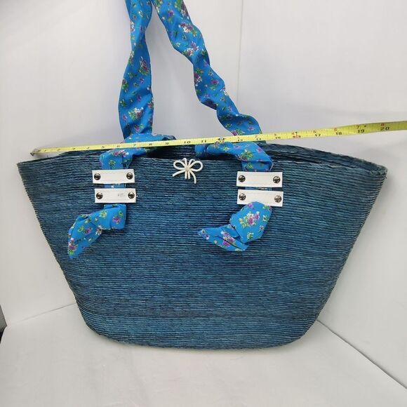 Large straw Tote Bag in Shades of Blue & Purple w Floral Scarf Handles by Babani - Picture 11 of 13